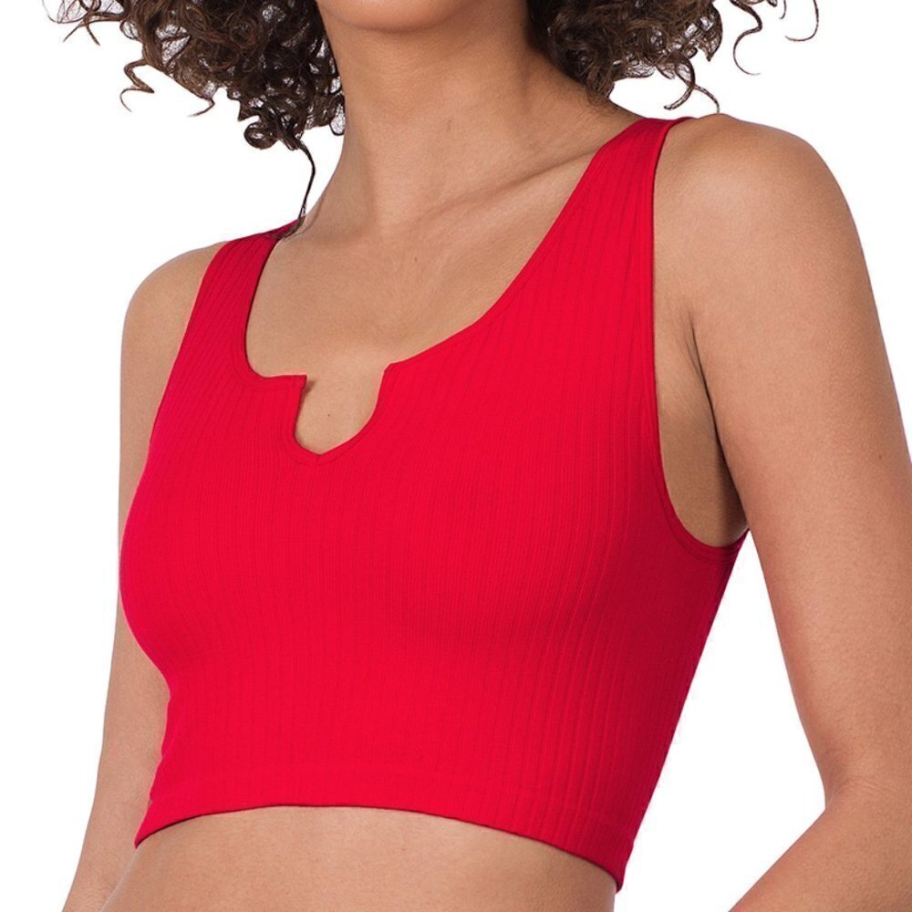 Zenana Women's Red Ribbed Seamless Split Neck Crop Top Tank